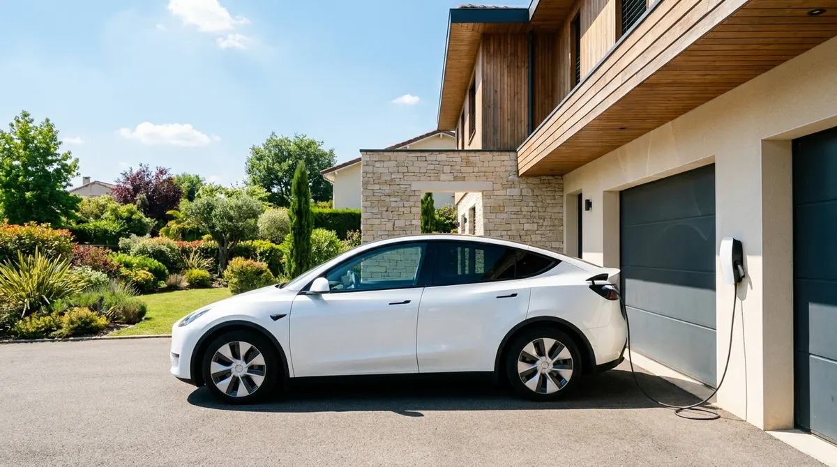 Voiture électrique branchée à une borne de recharge devant une maison individuelle